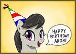 Size: 2668x1884 | Tagged: safe, imported from derpibooru, octavia melody, earth pony, pony, birthday, cute, drawthread, female, happy birthday, hat, implied anon, looking at you, mare, party hat, raised eyebrows, solo, talking to viewer