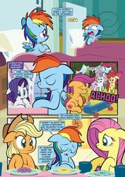 Size: 1920x2715 | Tagged: safe, artist:alexdti, imported from derpibooru, apple bloom, applejack, fluttershy, rainbow dash, rarity, scootaloo, sweetie belle, pony, comic:how we met, cutie mark crusaders, female, filly, filly rainbow dash, scooter, self paradox, self ponidox, sneezing, younger