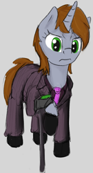 Size: 461x856 | Tagged: safe, artist:barhandar, imported from twibooru, oc, oc only, oc:littlepip, pony, unicorn, fallout equestria, cane, clothes, colored sketch, cosplay, costume, female, gray background, image, looking at you, mare, pipbuck, png, simple background, solo, suit, walking stick