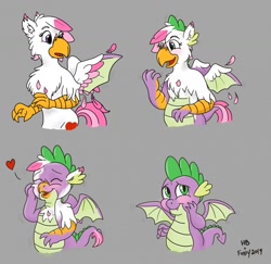 Size: 1280x1243 | Tagged: safe, artist:foxxy-arts, artist:hornbuckle, imported from derpibooru, spike, oc, oc:foxxy hooves, dragon, hippogriff, age regression, blushing, character to character, eye color change, eyes closed, feather, female to male, floating heart, gray background, heart, hippogriff oc, hippogriff to dragon, open mouth, open smile, rule 63, simple background, smiling, solo, transformation, transformation sequence, transgender transformation, winged spike, wings, younger