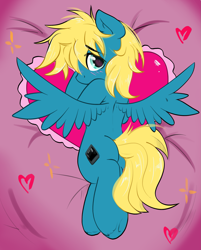 Size: 2091x2600 | Tagged: safe, imported from derpibooru, oc, pegasus, pony, commission, cute, heart, heart pillow, pillow, sexy, shy, ych result