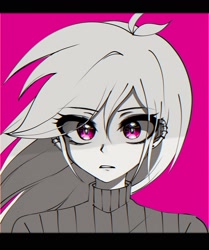 Size: 1653x1978 | Tagged: safe, artist:pulse, imported from derpibooru, rainbow dash, human, equestria girls, clothes, ear piercing, female, letterboxing, looking at you, partial color, piercing, pink background, simple background, solo, sweater, turtleneck