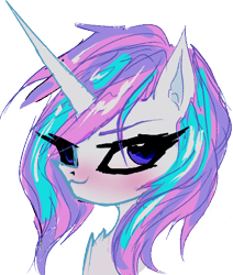 Size: 416x491 | Tagged: safe, artist:great-5, imported from derpibooru, oc, oc only, oc:stargazer, angel pony, original species, unicorn, angel, blushing, female, horn, lightmare, mare, simple background, smug, solo, transparent background