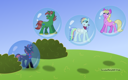 Size: 3043x1906 | Tagged: safe, artist:sorasleafeon, imported from derpibooru, oc, oc only, oc:angel, oc:perfume sparkle, oc:prism light, oc:shadow sora, pegasus, pony, unicorn, blue eyes, blue sky, bow, bubble, bush, clothes, floating, glowing, glowing horn, horn, in bubble, looking back, looking up, magic, magic aura, magic bubble, multiple characters, neckerchief, scarf, smiling
