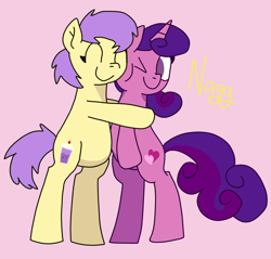 Size: 2656x2540 | Tagged: safe, artist:naggfruit, imported from derpibooru, berry sweet, laced hearts, bipedal, crack shipping, duo, duo female, female, friendship student, hug, lacedberry, lesbian, shipping, simple background