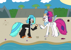 Size: 3120x2222 | Tagged: safe, artist:supahdonarudo, imported from derpibooru, queen novo, oc, oc:icebeak, classical hippogriff, hippogriff, my little pony: the movie, atg 2024, beach, cloud, coconut, food, holding, jewelry, necklace, newbie artist training grounds, ocean, palm tree, rock, sand, sandcastle, shell, sun, tree, water