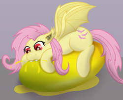 Size: 3400x2774 | Tagged: safe, artist:sweetielover, imported from derpibooru, fluttershy, bat pony, pony, atg 2024, bat ponified, biting, female, flutterbat, food, giant food, high res, juice, mango, newbie artist training grounds, race swap, simple background, solo, spread wings, wings