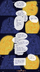 Size: 1000x1800 | Tagged: safe, artist:sleeplesseevee, imported from derpibooru, princess luna, sunset shimmer, alicorn, pony, unicorn, fanfic:the return of midnight sparkle, comic, crown, dialogue, dream realm, dream walker luna, dreamscape, duo, duo female, fanfic, fanfic art, female, horn, jewelry, looking at each other, looking at someone, mare, regalia, sad, speech bubble, talking