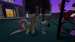 Size: 3840x2160 | Tagged: safe, artist:wissle, imported from derpibooru, fluttershy, dog, pegasus, pony, 3d, atg 2024, bipedal, canterlot, female, looking at you, mare, newbie artist training grounds, night, peanuts (comic), snoopy, source filmmaker