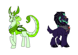 Size: 1414x1000 | Tagged: safe, artist:zetikoopa, imported from derpibooru, oc, oc only, oc:king scorpio, oc:no heart, changeling, sheep, green changeling, male, ram, reformed, scar, smiling, tired