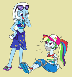 Size: 2199x2330 | Tagged: safe, artist:bugssonicx, imported from derpibooru, rainbow dash, trixie, human, equestria girls, bondage, bound and gagged, duo, emanata, gag, tape, tape gag, tied up