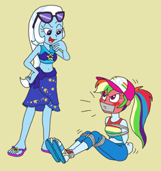 Size: 2199x2330 | Tagged: safe, alternate version, artist:bugssonicx, imported from derpibooru, rainbow dash, trixie, human, equestria girls, blushing, bondage, bound and gagged, duo, emanata, gag, red face, tape, tape gag, tied up