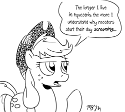 Size: 751x675 | Tagged: safe, artist:pony-berserker edits, edit, editor:modus ponens, imported from derpibooru, applejack, black and white, complaining, cynicism, fed up, grayscale, internal screaming, irritated, monochrome, reaction image, simple background, sketch, solo, suffering, tired, unamused, white background