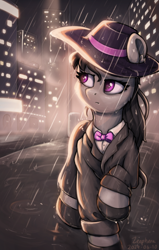 Size: 446x700 | Tagged: safe, artist:zeepheru_pone, imported from derpibooru, octavia melody, earth pony, pony, atg 2024, bowtie, city, clothes, coat, female, hat, lights, mare, newbie artist training grounds, night, rain, shoes, solo
