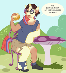 Size: 943x1035 | Tagged: safe, artist:hornbuckle, imported from derpibooru, moondancer, human, pony, unicorn, bite mark, burger, chair, clothes, dialogue, eating, female, food, glasses, happy, hay burger, horn, human to pony, mid-transformation, mushroom table, open mouth, open smile, ripping clothes, shirt, shoes, shorts, sitting, smiling, socks, solo, speech bubble, table, transformation
