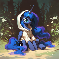 Size: 2048x2048 | Tagged: safe, imported from derpibooru, princess luna, alicorn, pony, ai content, ai generated, chest fluff, clothes, forest background, generator:pony diffusion v6 xl, generator:stable diffusion, hoodie, horn, nature, prompter:liladash, sitting, solo, wing fluff, wings