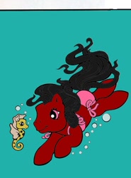 Size: 444x600 | Tagged: safe, artist:peacepetal, imported from derpibooru, oc, oc only, oc:peace petal, earth pony, pony, base used, bubble, clothes, coloring book, femboy, g3, male, ocean, red and black oc, sea horse, solo, species swap, stallion, swimsuit, underwater, water