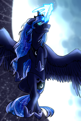 Size: 1000x1500 | Tagged: safe, artist:not-ordinary-pony, derpibooru exclusive, imported from derpibooru, princess luna, alicorn, angry, female, glowing, glowing eyes, glowing horn, horn, mare, moon, solo, spread wings, wings