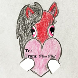 Size: 884x884 | Tagged: safe, artist:peacepetal, imported from derpibooru, oc, oc only, oc:peace petal, pegasus, pony, cropped, cursive writing, cute, femboy, heart, heart eyes, hearts and hooves day, hoers, male, red and black oc, solo, stallion, traditional art, valentine's day card, wingding eyes