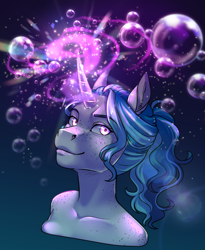 Size: 1804x2204 | Tagged: safe, artist:askbubblelee, imported from derpibooru, oc, oc only, oc:bubble lee, anthro, unicorn, alternate universe, anthro oc, bubble, digital art, female, freckles, glowing, glowing horn, horn, magic, mare, smiling, solo, unicorn oc, willowverse