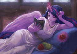 Size: 3804x2665 | Tagged: dead source, safe, artist:hirichie, imported from derpibooru, twilight sparkle, alicorn, anthro, apple, book, clothes, female, fine art emulation, food, horn, light, lying down, magic, reading, solo, telekinesis, toga, twilight sparkle (alicorn), wings