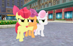 Size: 1920x1200 | Tagged: safe, artist:puzzlshield2, imported from derpibooru, apple bloom, scootaloo, sweetie belle, pony, flight to the finish, season 4, 2d to 3d, 3d, 3d render, bow, confident, cutie mark crusaders, female, filly, foal, hoofbump, mmd, recreation, render