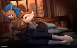 Size: 3462x2160 | Tagged: safe, artist:electroequusfm, oc, oc only, oc:littlepip, anthro, fallout equestria, 3d, breasts, clothes, feet, female, looking at each other