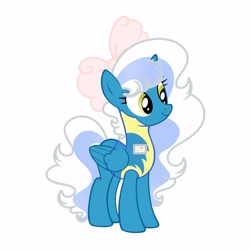 Size: 6890x6890 | Tagged: safe, artist:riofluttershy, imported from derpibooru, oc, oc only, oc:fleurbelle, alicorn, pony, alicorn oc, bow, clothes, female, hair bow, horn, mare, name tag, simple background, solo, uniform, white background, wings, wonderbolts uniform, yellow eyes