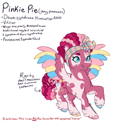 Size: 1556x1625 | Tagged: safe, artist:caffeinatedcarny, imported from derpibooru, pinkie pie, pinkie pie (g3), pegasus, pony, afro mane, alternate cutie mark, alternate universe, cheek fluff, colored hooves, colored wings, cornrows, disabled, down syndrome, ear fluff, elbow feathers, fat, feathered fetlocks, g3, genderfluid, hair extensions, hair streaks, hair wrap, headcanon, hooves, lgbt, lgbt headcanon, lgbtq, multicolored hooves, multicolored wings, pegasus pinkie pie, pudgy pie, race swap, redesign, simple background, small wings, species swap, tooth gap, vitiligo, white background, wings