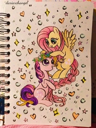 Size: 2252x2996 | Tagged: safe, artist:dariarchangel, imported from derpibooru, fluttershy, fluttershy (g3), earth pony, pegasus, pony, braid, braided tail, duo, female, floral head wreath, flower, flying, g3, g3 to g4, generation leap, generational ponidox, looking at each other, looking at someone, photo, sitting, smiling, smiling at each other, spread wings, tail, traditional art, wings