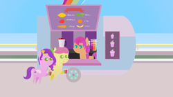 Size: 1920x1080 | Tagged: safe, artist:carrotorangelight, imported from derpibooru, pipp petals, sunny starscout, earth pony, pegasus, pony, drink, g5, pointy ponies, posey bloom, smoothie, smoothie stand