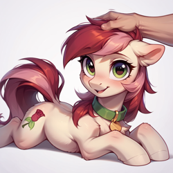 Size: 1024x1024 | Tagged: safe, imported from derpibooru, roseluck, human, pony, ai content, ai generated, behaving like a cat, blushing, collar, cute, dock, fluffy, generator:pony diffusion v6 xl, generator:stable diffusion, hand, hand on head, looking at you, lying down, offscreen character, offscreen human, open mouth, open smile, pet tag, petting, pony pet, prompter:doom9454, prone, rosepet, smiling, sploot, tail