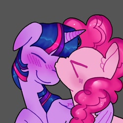 Size: 980x982 | Tagged: safe, alternate version, artist:koidial, imported from derpibooru, pinkie pie, twilight sparkle, alicorn, earth pony, pony, ><, blushing, colored, colored eyelashes, curly mane, cute, diapinkes, duo, duo female, ear blush, ear fluff, eyes closed, female, floppy ears, forehead kiss, gray background, horn, hug, kissing, lesbian, long mane, mare, multicolored mane, pink coat, pink eyelashes, pink mane, profile, purple blush, purple coat, purple eyelashes, raised hoof, requested art, shiny mane, shipping, simple background, smiling, straight mane, three toned mane, tri-color mane, tri-colored mane, tricolor mane, tricolored mane, twiabetes, twilight sparkle (alicorn), twinkie, unicorn horn, winghug, wings