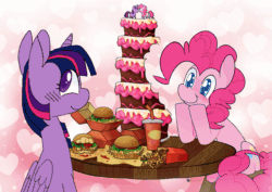 Size: 1435x1018 | Tagged: safe, artist:koidial, imported from derpibooru, pinkie pie, twilight sparkle, alicorn, earth pony, pony, abstract background, animated, bangs, bite mark, blue eyes, blue pupils, blushing, burger, cake, cake toppers, chewing, chocolate cake, colored, colored pinnae, colored pupils, cup, curly mane, curly tail, cute, diapinkes, duo, duo female, eating, eye clipping through hair, eyelashes, face licking, female, floating heart, floppy ears, folded wings, food, frame by frame, french fries, gif, glowing, glowing horn, hay burger, hay fries, head shake, heart, heart background, heart eyes, horn, in love, ketchup, lesbian, licking, looking at each other, looking at someone, loop, magic, mare, messy eating, messy face, multicolored mane, mustard, open mouth, open smile, partially open wings, pink coat, pink magic, pink mane, pink tail, profile, purple coat, purple eyes, purple pupils, requested art, sauce, shiny eyes, shipping, signature, sitting, smiling, smiling at each other, soda, sparkly eyes, swallowing, tail, tail wag, tall ears, telekinesis, that pony sure does love burgers, three toned mane, throat bulge, tongue out, tri-color mane, tri-colored mane, tricolor mane, twiabetes, twilight burgkle, twilight sparkle (alicorn), twinkie, unicorn horn, wall of tags, wingding eyes, wings, wooden table