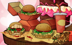 Size: 792x492 | Tagged: safe, artist:koidial, imported from derpibooru, abstract background, bite mark, burger, cake, chocolate cake, cup, detailed, food, french fries, hay burger, hay fries, heart, heart background, no pony, requested art, soda, wooden table, zoomed in
