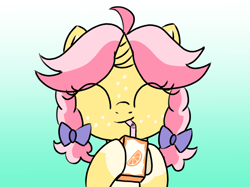 Size: 1760x1317 | Tagged: safe, artist:craftycirclepony, imported from derpibooru, oc, oc only, oc:crafty circles, pony, unicorn, ^^, bendy straw, bow, coat markings, colored belly, cute, drinking straw, eyes closed, female, filly, foal, food, freckles, gradient background, hair bow, happy, hoof hold, horn, juice, juice box, orange, smiling, socks (coat markings), solo, straw, underhoof