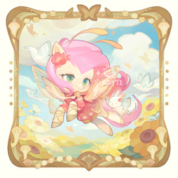 Size: 2273x2273 | Tagged: safe, artist:koyii-kong, imported from derpibooru, fluttershy, bird, butterfly, dove, pegasus, pony, rabbit, animal, antennae, butterfly wings, choker, clothes, colored pupils, cute, dress, female, flower, flower in hair, flying, high res, mare, picture frame, shyabetes, simple background, smiling, solo, sunflower, white background, wings, wrong eye color