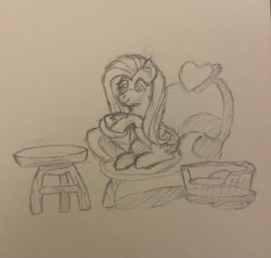 Size: 2775x2639 | Tagged: safe, artist:supersonicrainboom, imported from derpibooru, fluttershy, pegasus, pony, atg 2024, chair, cup, female, holding, monochrome, newbie artist training grounds, sitting, sketch, smiling, solo, teacup, traditional art