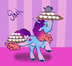 Size: 1602x1477 | Tagged: safe, artist:shakoa, imported from derpibooru, pony, unicorn, balancing, cup, eyes closed, female, freckles, g5, horn, mare, misty brightdawn, pink background, plate, raised leg, rebirth misty, simple background, solo, teacup, teapot