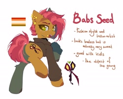 Size: 2717x2174 | Tagged: safe, artist:mirtash, imported from derpibooru, part of a set, babs seed, earth pony, pony, alternate cutie mark, alternate design, big eyes, black hoodie, brown coat, brown hooves, brown pupils, butch, butch lesbian, butch lesbian pride flag, cheek fluff, clothes, collar, colored, colored hooves, colored pupils, colored underhoof, ear fluff, ear piercing, earring, eyebrow slit, eyebrows, female, freckles, gauges, green eyes, high res, hoodie, industrial piercing, jewelry, leg fluff, lidded eyes, lip piercing, looking away, looking back, mare, narrowed eyes, older, older babs seed, open mouth, open smile, piercing, pride, pride flag, raised hoof, raised leg, rear view, red mane, red tail, red text, redesign, shiny eyes, short mane, short tail, simple background, smiling, snake bites, solo, spiked collar, standing, starry eyes, tail, teeth, text, thick eyelashes, tongue out, two toned mane, two toned tail, underhoof, white background, wingding eyes
