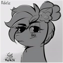 Size: 2680x2680 | Tagged: safe, artist:ch0c0sauri0, imported from derpibooru, oc, oc only, earth pony, pony, album cover, black and white, bow, bust, doodle, eyelashes, eyeshadow, grayscale, hair bow, lineart, makeup, minimalist, modern art, monochrome, original art, original character do not steal, portrait, simple background, sketch, solo, song reference, wip