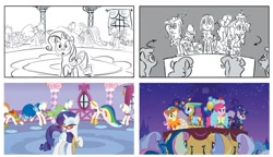 Size: 1020x587 | Tagged: safe, imported from derpibooru, screencap, bon bon, cloud kicker, fluttershy, grape delight, minuette, pinkie pie, rainbow dash, rarity, sweetie drops, twilight sparkle, earth pony, pegasus, pony, unicorn, season 1, suited for success, behind the scenes, clothes, commission, dress, gala dress, glasses, horn, measuring tape, monochrome, my little pony: the art of equestria, rarity's glasses, storyboard, unicorn twilight