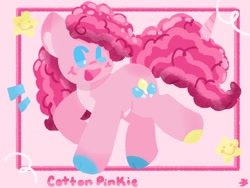 Size: 1200x900 | Tagged: safe, artist:comicmaker, imported from derpibooru, pinkie pie, earth pony, pony, blush scribble, blushing, cloven hooves, colored hooves, cotton candy, cotton candy hair, dot eyes, female, hooves, mare, multicolored hooves, one eye closed, open mouth, open smile, smiling, solo, tail, wink
