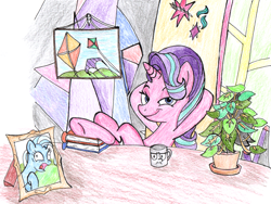 Size: 1626x1226 | Tagged: safe, artist:fleximusprime, imported from derpibooru, phyllis, starlight glimmer, trixie, pony, unicorn, atg 2024, book, female, hooves behind head, horn, kite, mare, mug, newbie artist training grounds, picture frame, plant, smiling, smirk, welcome home twilight
