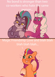 Size: 2480x3480 | Tagged: safe, artist:starburstuwu, imported from derpibooru, opaline arcana, sunny starscout, alicorn, big cat, earth pony, leopard, pony, snow leopard, allura, blushing, cheek squish, cute, female, fist bump, g5, high res, hoof on cheek, lidded eyes, mare, meme, ponified meme, squishy cheeks, sunnybetes, text, tongue out, trio