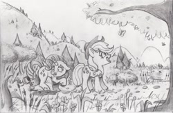 Size: 2000x1308 | Tagged: safe, artist:nedemai, imported from derpibooru, applejack, rarity, butterfly, earth pony, pony, unicorn, atg 2024, duo, duo female, female, floppy ears, grayscale, gritted teeth, horn, looking up, mare, monochrome, mud, muddy hooves, nature, newbie artist training grounds, open mouth, open smile, pencil drawing, smiling, teeth, traditional art