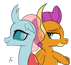 Size: 2415x2211 | Tagged: safe, artist:frownfactory, imported from derpibooru, ocellus, smolder, changedling, changeling, dragon, dragoness, duo, duo female, female, simple background, transparent background