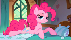 Size: 2560x1440 | Tagged: safe, imported from twibooru, pinkie pie, earth pony, pony, ai content, ai generated, bed, bedroom eyes, female, image, indoors, looking at you, lying down, lying on bed, makeup, on bed, png, prompter:bgm, solo, solo female
