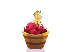 Size: 3500x2525 | Tagged: safe, artist:angstyram, imported from derpibooru, applejack, earth pony, pony, apple, bucket, female, food, high res, mare, simple background, solo, white background