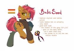 Size: 3258x2268 | Tagged: safe, artist:mirtash, imported from derpibooru, part of a set, babs seed, earth pony, pony, alternate cutie mark, alternate design, big eyes, black hoodie, brown coat, brown hooves, brown pupils, butch, butch lesbian, butch lesbian pride flag, cheek fluff, clothes, collar, colored, colored hooves, colored pupils, colored underhoof, ear fluff, ear piercing, earring, eyebrow slit, eyebrows, female, freckles, gauges, green eyes, high res, hoodie, hooves, industrial piercing, jewelry, leg fluff, lidded eyes, lip piercing, looking away, looking back, mare, narrowed eyes, older, older babs seed, open mouth, open smile, orange text, piercing, pride, pride flag, raised hoof, raised leg, rear view, red mane, red tail, red text, redesign, shiny eyes, short mane, short tail, simple background, smiling, snake bites, solo, spiked collar, standing, starry eyes, tail, teeth, text, thick eyelashes, tongue out, two toned mane, two toned tail, underhoof, white background, wingding eyes